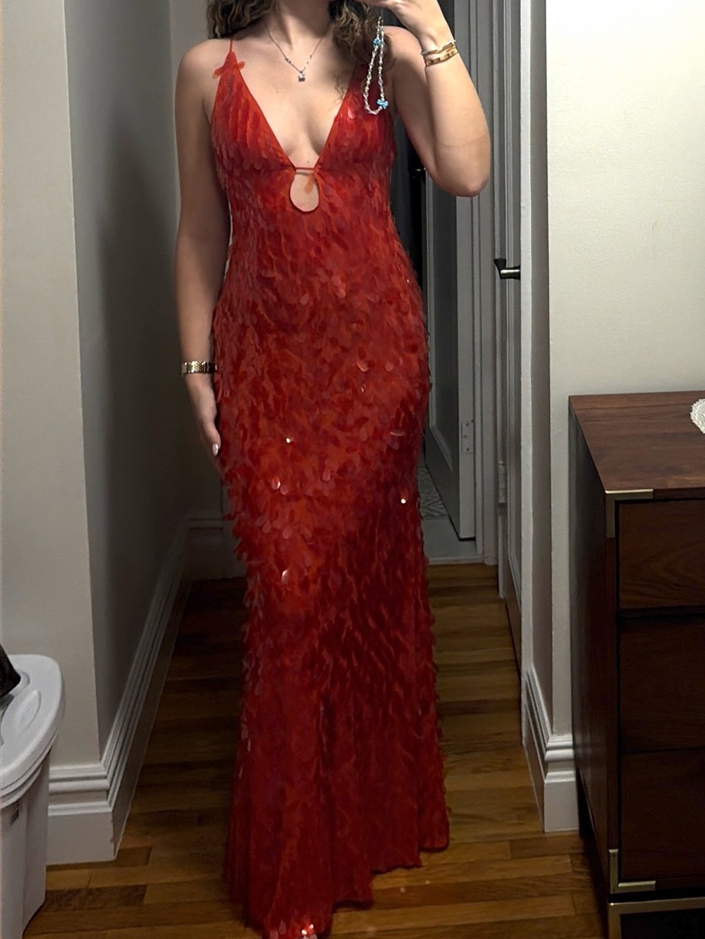 Red Sequin Maxi Dress - V-Neck Spaghetti Strap
